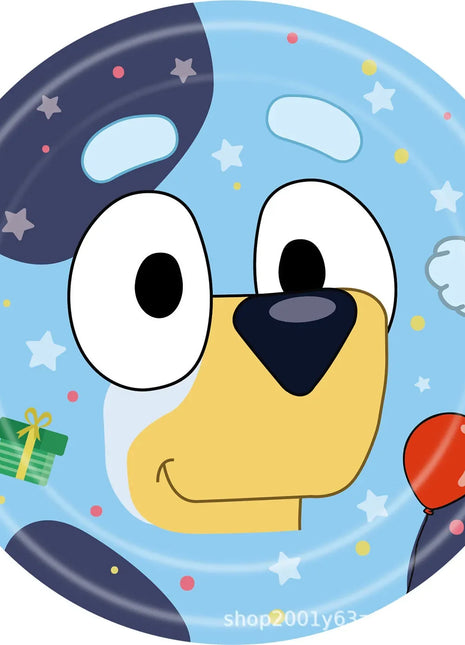 Decorazioni per feste di compleanno a tema Bluey/Bingo, set di piatti di carta usa e getta, striscione, bandierine per torta, palloncini a forma di cane.