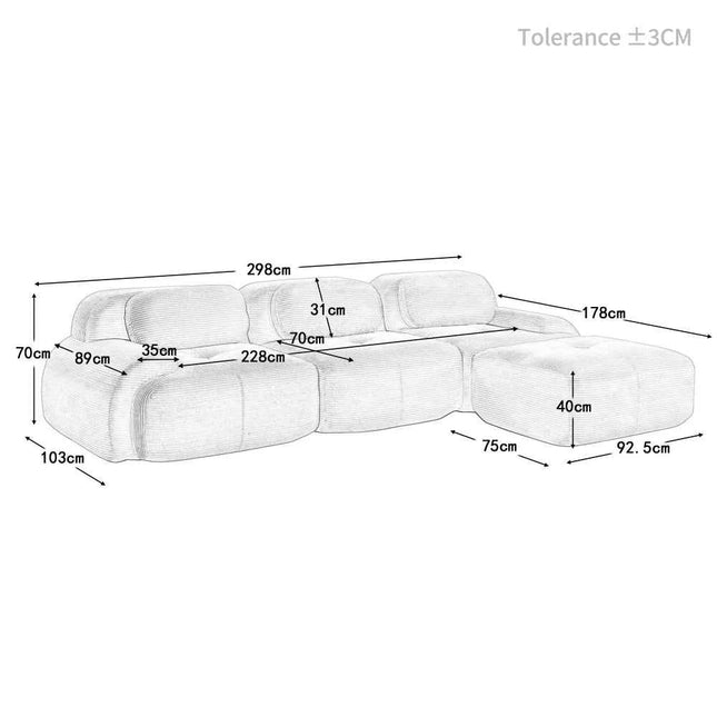 Modular Corner Cord Fabric Sofa - No Assembly Required, Extra-wide Armrests, 32D High Elastic Upholstery, Ergonomic Cozy Couch