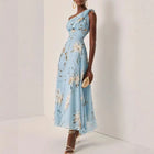 Abito Lungo in Chiffon con Stampa Floreale Francese, Vestito Boho Sexy Monospalla a Vita Alta per Donna, Abito Estivo Senza Maniche per Vacanze