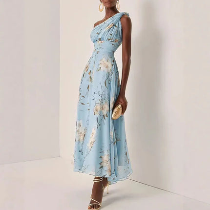 Abito Lungo in Chiffon con Stampa Floreale Francese, Vestito Boho Sexy Monospalla a Vita Alta per Donna, Abito Estivo Senza Maniche per Vacanze