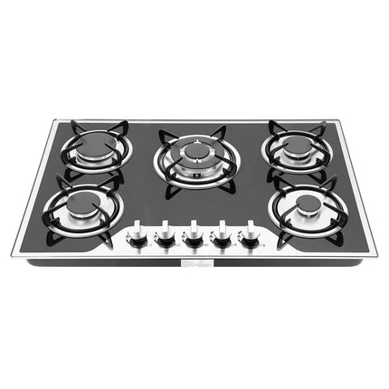 Piano Cottura a Gas 5 Fuochi Vetro Smaltato - Controllo Fiamma 180°, Ghisa, Da Incasso