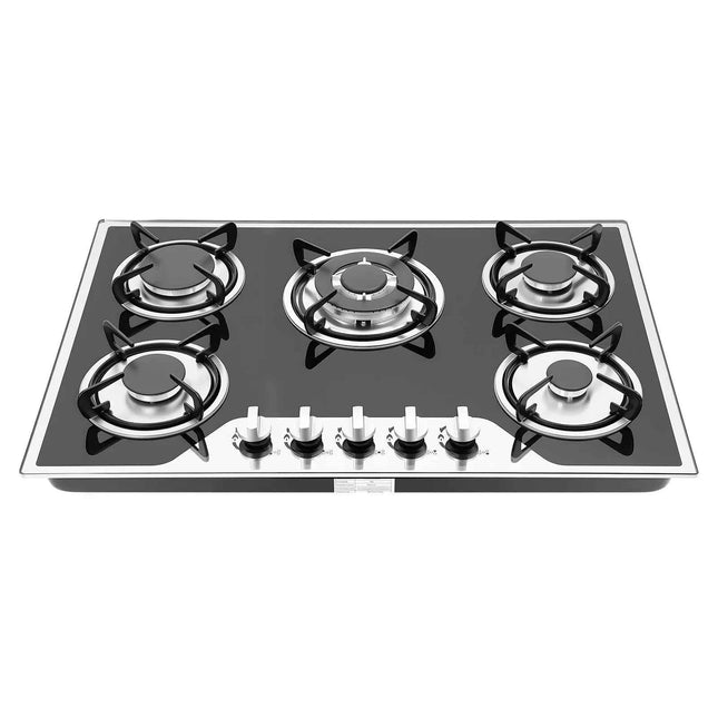 Piano Cottura a Gas 5 Fuochi Vetro Smaltato - Controllo Fiamma 180°, Ghisa, Da Incasso