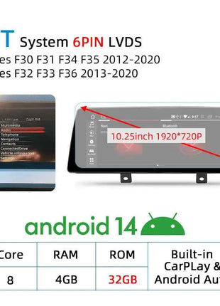 Wireless Carplay Android 14 For BMW F20 F30 F21 F22 F31 F32 F33 F34 F36 NBT EVO Multimedia Player Auto Radio Screen GPS