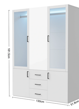 Armadio a 3 ante Fangange con specchio, armadio con luci LED e cassetti, guardaroba in legno con asta appendiabiti