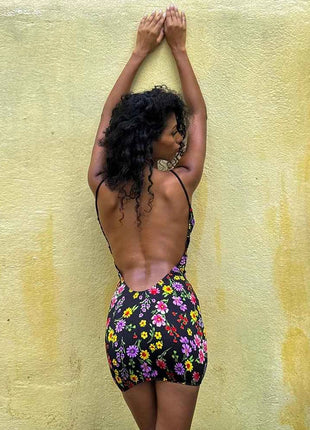 Kliou Mini abito con stampa floreale Donna Collo basso Fasciatura incrociata Backless Senza maniche Skinny Peach Hip Hot Girls Street Style Aderente