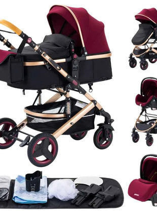 Multifunction 3 in 1 Baby Stroller with Car Seat and Sleeping Basket Baby Pram Lightweight Infant Pushchair Compact Folding Pram