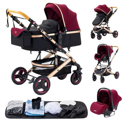 Multifunction 3 in 1 Baby Stroller with Car Seat and Sleeping Basket Baby Pram Lightweight Infant Pushchair Compact Folding Pram