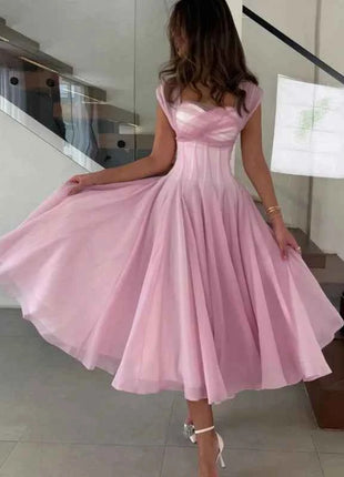Abito Elegante da Donna in Tulle, Vestito Formale Estivo Sexy con Scollo Quadrato, Corsetto in Vita, Linea ad A, Lunghezza al Ginocchio, per Matrimoni e Cocktail Party
