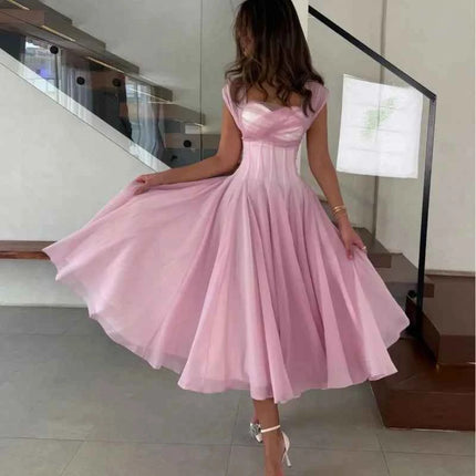 Abito Elegante da Donna in Tulle, Vestito Formale Estivo Sexy con Scollo Quadrato, Corsetto in Vita, Linea ad A, Lunghezza al Ginocchio, per Matrimoni e Cocktail Party