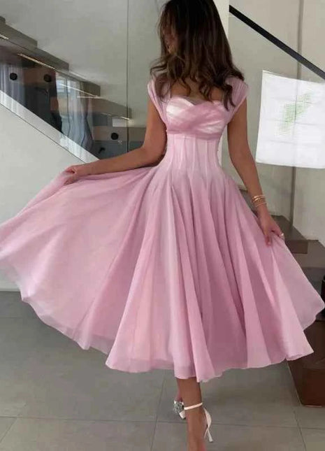 Abito Elegante da Donna in Tulle, Vestito Formale Estivo Sexy con Scollo Quadrato, Corsetto in Vita, Linea ad A, Lunghezza al Ginocchio, per Matrimoni e Cocktail Party