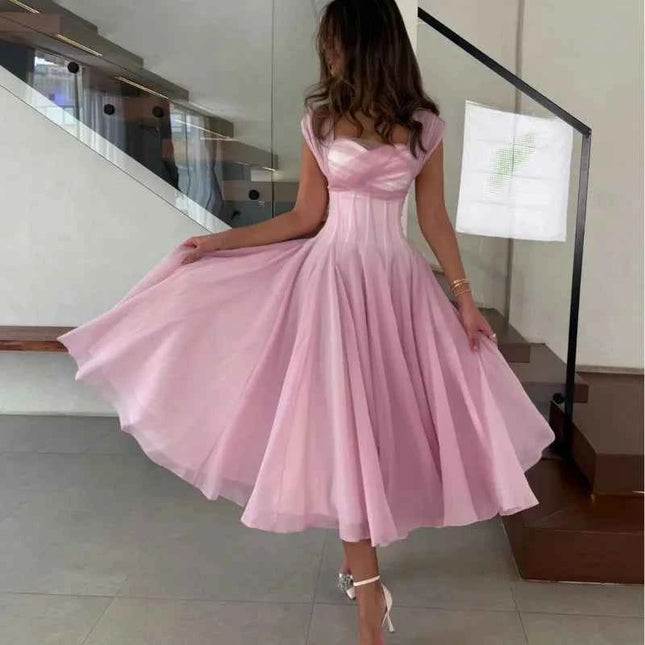 Abito Elegante da Donna in Tulle, Vestito Formale Estivo Sexy con Scollo Quadrato, Corsetto in Vita, Linea ad A, Lunghezza al Ginocchio, per Matrimoni e Cocktail Party