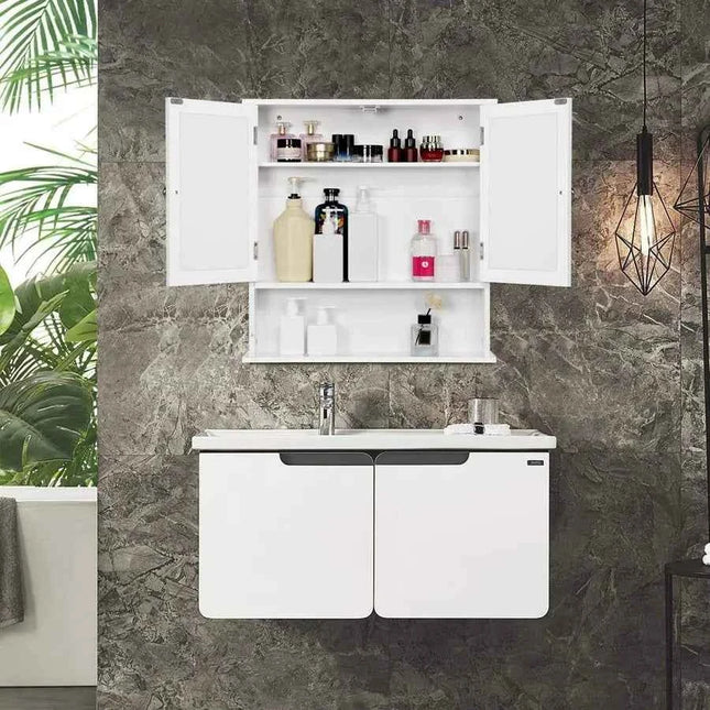 Wall Cabinet with Mirror Shelf Adjustable Height for Bathroom Kitchen, 56 x 13 x 58 cm, White