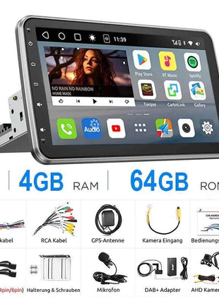 ESSGOO 10.1"Android14 4-64G 360°Rotatable Touchscreen 1 DIN Car Radio Wireless Carplay Bluetooth GPS Navi RDS WIFI MIC EQ FM SWC