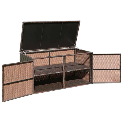 335L Patio Rattan Storage Box, Outdoor All-weather Wicker Pool Storage Container with Lid & 2 Shelves, Garden Storage Bin