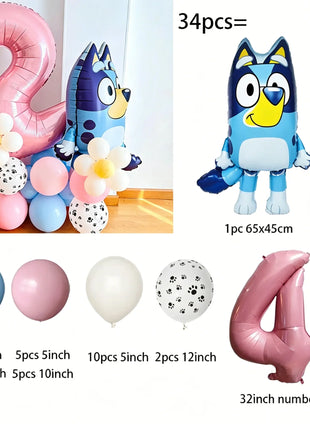Set di Palloncini per il 2° Compleanno di Bluey, Palloncino in Foil Numero 2 Rosa, Decorazioni per Feste con Cane Blu, Fiori e Zampe, Kit per Sfondo Fotografico per Bambini