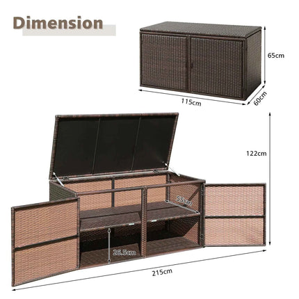 335L Patio Rattan Storage Box, Outdoor All-weather Wicker Pool Storage Container with Lid & 2 Shelves, Garden Storage Bin