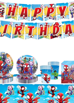 Set Decorazioni per Festa di Compleanno Spidey e Amici, Articoli per la Tavola, Bicchieri, Piatti, Palloncini, Striscione, Sacchetti Regalo, Decorazioni per Torte, Accessori per Bambini