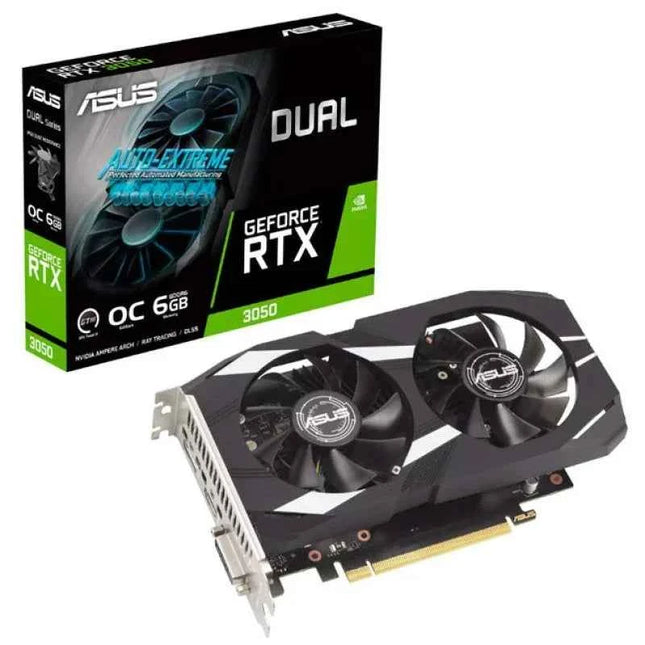 Asus Dual GeForce RTX 3050 OC Edition graphics card, 6GB GDDR6, with advanced cooling, HDMI, DVI, and DisplayPort, perfect for dynamic gaming performance and creative projects.