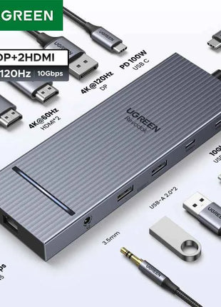 UGREEN USB HUB 4K120Hz DP Type-C to 4K60Hz 2xHDMI SD/TF RJ45 3.5mm USB3.2 Gen2 10Gbps Data for Laptop Dell HP Lenovo Accessories