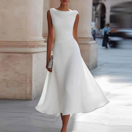 Elegante Abito da Festa per Donna, Estivo, Tinta Unita, Senza Maniche, Linea A, Abito da Sera, Moda Femminile, Vita Alta, Vestito Lungo, Bianco Rosa Rosso
