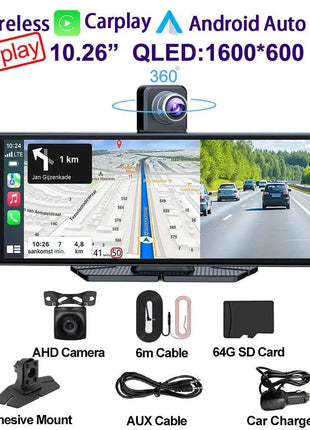 Universal 10.26" Car Intelligent 4K 360° Rotatio Car DVR Dash Cam Wireless CarPlay & Android Auto Bluetooth WIFI Rear Reversing