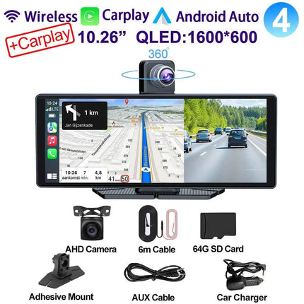 Universal 10.26" Car Intelligent 4K 360° Rotatio Car DVR Dash Cam Wireless CarPlay & Android Auto Bluetooth WIFI Rear Reversing