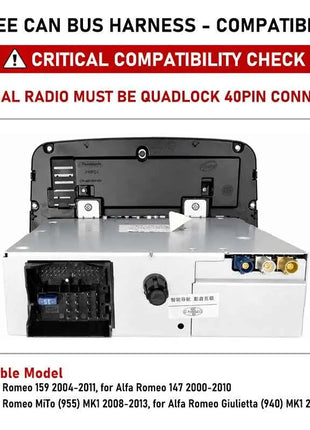 Decodificatore CAN Bus Quadlock con Adattatore Cablaggio 40 Pin per Alfa 147 159 MiTo Giulietta 2010-2013, Compatibilità SWC, Cavo Android 16 Pin