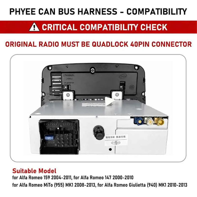 Decodificatore CAN Bus Quadlock con Adattatore Cablaggio 40 Pin per Alfa 147 159 MiTo Giulietta 2010-2013, Compatibilità SWC, Cavo Android 16 Pin