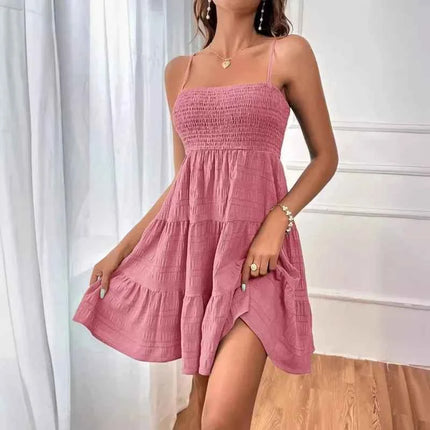 Abito Mini Estivo da Donna con Spalline Sottili, Bustier Arricciato, Blu con Balze a Strati, Casual per Vacanze e Spiaggia