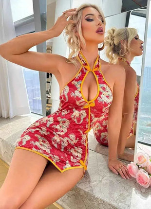 Nuovo vestito da donna drago stampa stile cinese appeso al collo mini abito con spalle scoperte puro desiderio avvolgere l'anca vestito affascinante V1UC