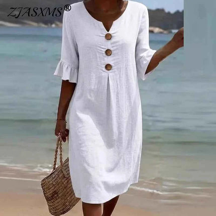 Abito Midi Vintage in Cotone e Lino da Donna, Collezione Primavera 2026, Casual con Scollo a V e Bottoni, Elegante con Maniche a Volant, Vestito da Festa a Trapezio