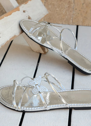 Women's Slippers with Butterfly Design Summer Chic Rose Gold Metal Band Slides Ladies Casual Outdoor Flat Beach Sandal Shoes Plus Size