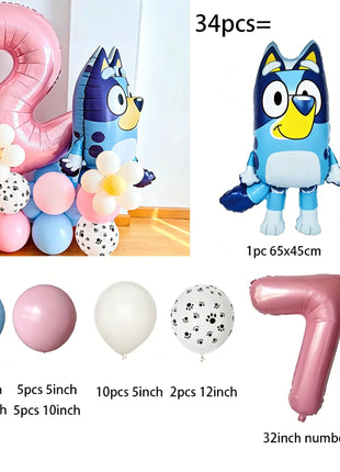Set di Palloncini per il 2° Compleanno di Bluey, Palloncino in Foil Numero 2 Rosa, Decorazioni per Feste con Cane Blu, Fiori e Zampe, Kit per Sfondo Fotografico per Bambini