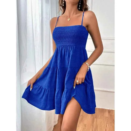 Abito Mini Estivo da Donna con Spalline Sottili, Bustier Arricciato, Blu con Balze a Strati, Casual per Vacanze e Spiaggia
