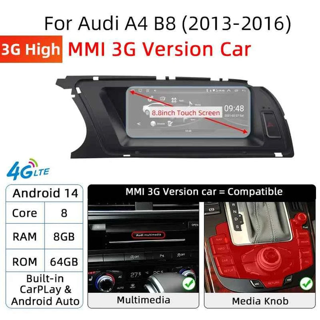 Fast Shipping Wireless CarPlay Screen For Audi A4 B8 A5 8K 2008-2016 Car Multimedia Player Android 14 8+128GB Stereo GPS Navi