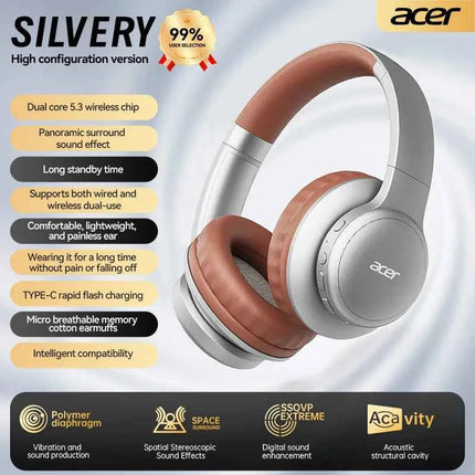 Acer Ohr559 Wireless Bluetooth Headset with High-Fidelity Stereo Bass Sound, Noise Reduction for Calls, Music, and Gaming, No Delay, Long Battery Life, Full-Ear Coverage, Comfortable Fit, with Microphone