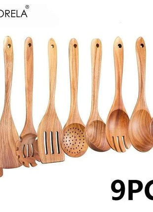 Set 9 Utensili da Cucina in Legno di Acacia Naturale - Spatole e Cucchiai per Pentole Antiaderenti