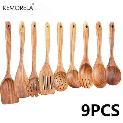 Set 9 Utensili da Cucina in Legno di Acacia Naturale - Spatole e Cucchiai per Pentole Antiaderenti