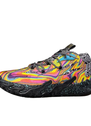 Puma MB.03 Comfortable, Non-Slip, and Durable Round Toe Basketball Shoes (Unisex) in Black, Red, and Yellow 379330-01