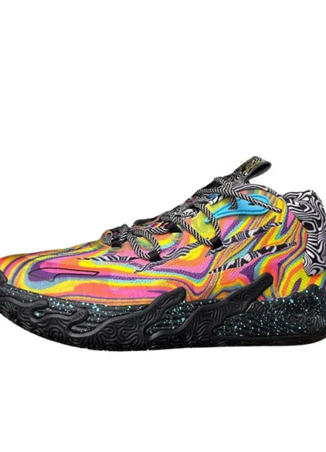 Puma MB.03 Comfortable, Non-Slip, and Durable Round Toe Basketball Shoes (Unisex) in Black, Red, and Yellow 379330-01
