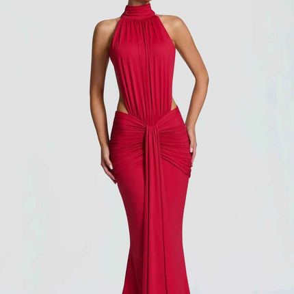 Abito lungo verde oliva con collo alto e scollo all'americana, elegante abito da sera formale con cut-out e schiena scoperta, abito da ballo