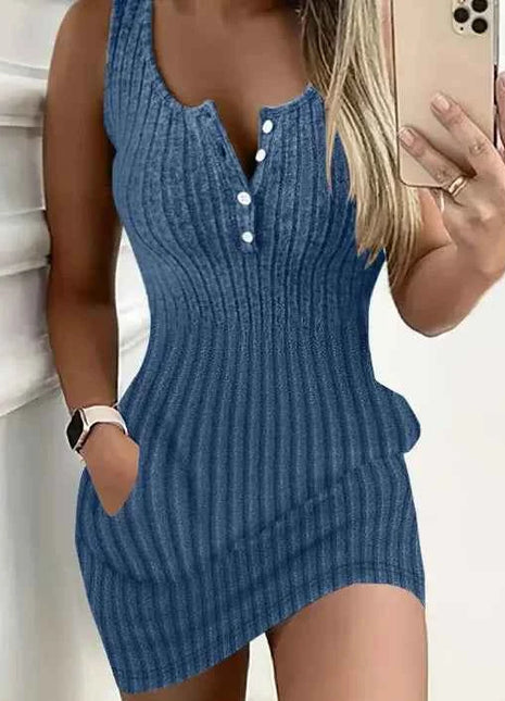 Abito aderente senza maniche elegante con bottoni sul davanti e tasca per abbigliamento da donna primavera estate