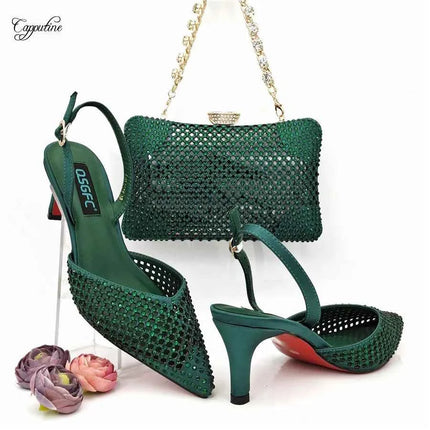 Set di scarpe e borsa verdi da donna, sandali africani di lusso con punta a punta e borsetta, scarpe con tacco da donna, pochette, escarpins femme QSL071