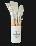 12pcs Set of Multi-color Silicone Wooden Handle Kitchenware Set Non Stick Pot Spatula and Spoon Cooking Utensils, Heat-resistant