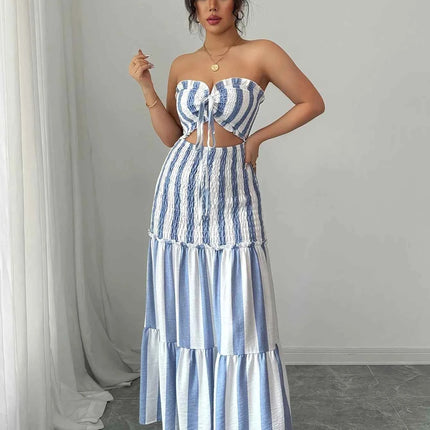 Abito Elegante a Righe con Spalle Scoperte e Gonna Arricciata con Dettaglio Intrecciato Frontale per Donna
