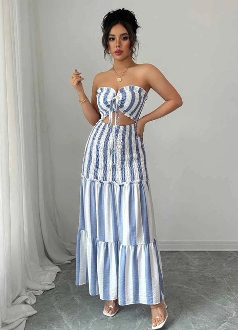 Abito Elegante a Righe con Spalle Scoperte e Gonna Arricciata con Dettaglio Intrecciato Frontale per Donna