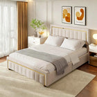 Comanlai 140x200cm Upholstered Bed, Hydraulic Bed with Storage Space and Vertical Stripes, Gold-Plated Edging, Velvet, Off-white