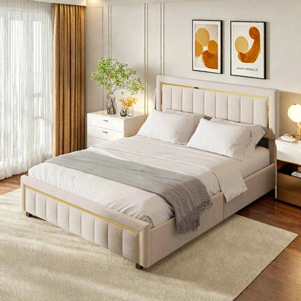 Comanlai 140x200cm Upholstered Bed, Hydraulic Bed with Storage Space and Vertical Stripes, Gold-Plated Edging, Velvet, Off-white