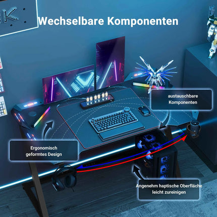 Claiks Gaming Desk with LED Light, Z-Frame Gaming Table with Cup Holder and Built-in Headphone Hook
