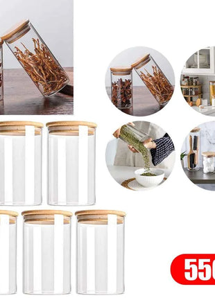 5pc 300/550/950ml Glass Food Storage Containers With Wooden Lid Kitchen Sealed Jar Food Storage Multigrain Tank Bottle